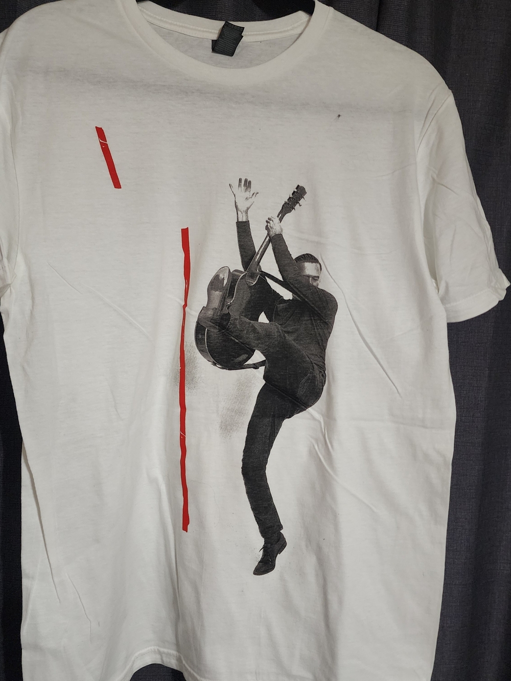 Sony White Short Sleeve Tee with Black Musician Print and Red Accents
